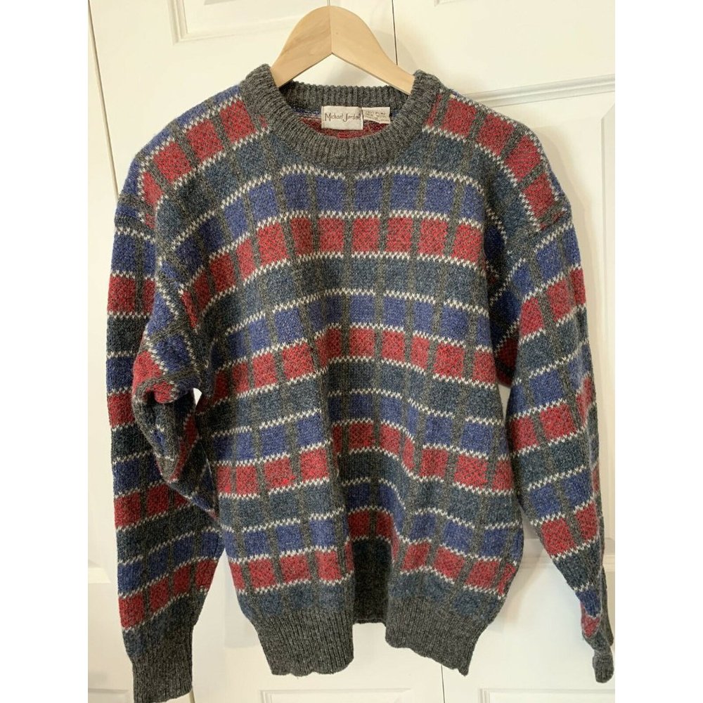Vtg MICHAEL JORDAN Sweater 100% Wool-blue Red Gray Geometric Sz M‎